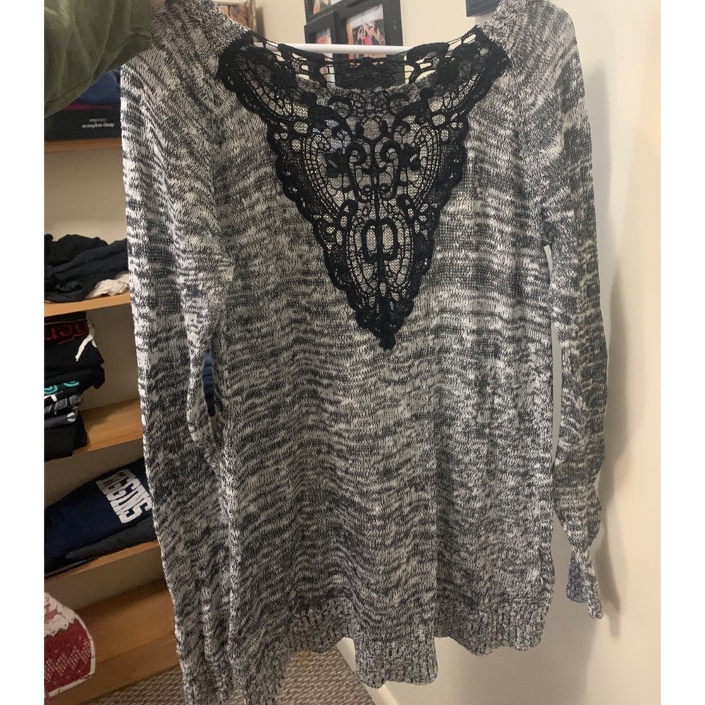 Grey Torrid sweater with black lace back